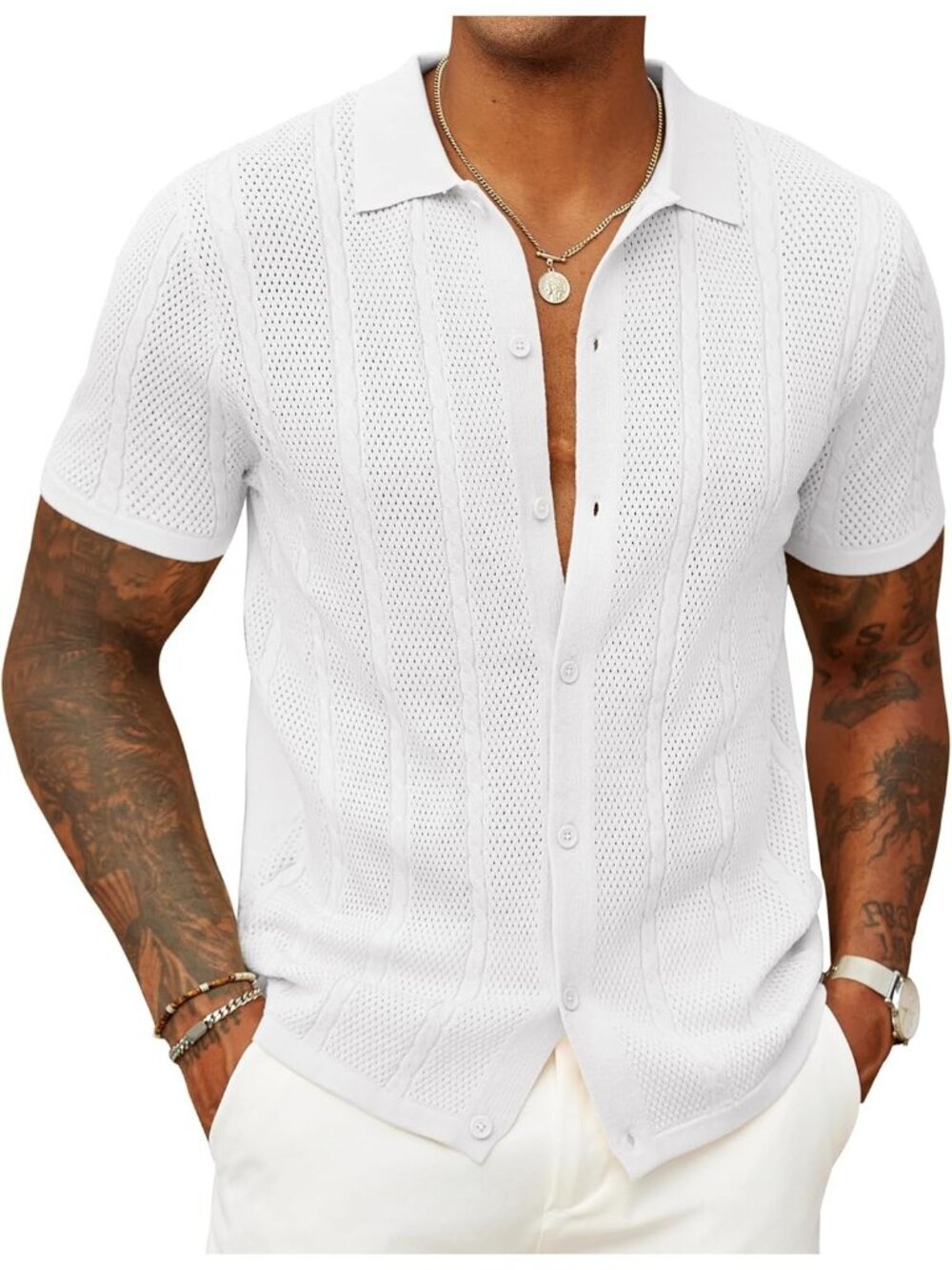 Men's White Short Sleeve Knit Button Down Shirt Casual Textured Polo Shirt